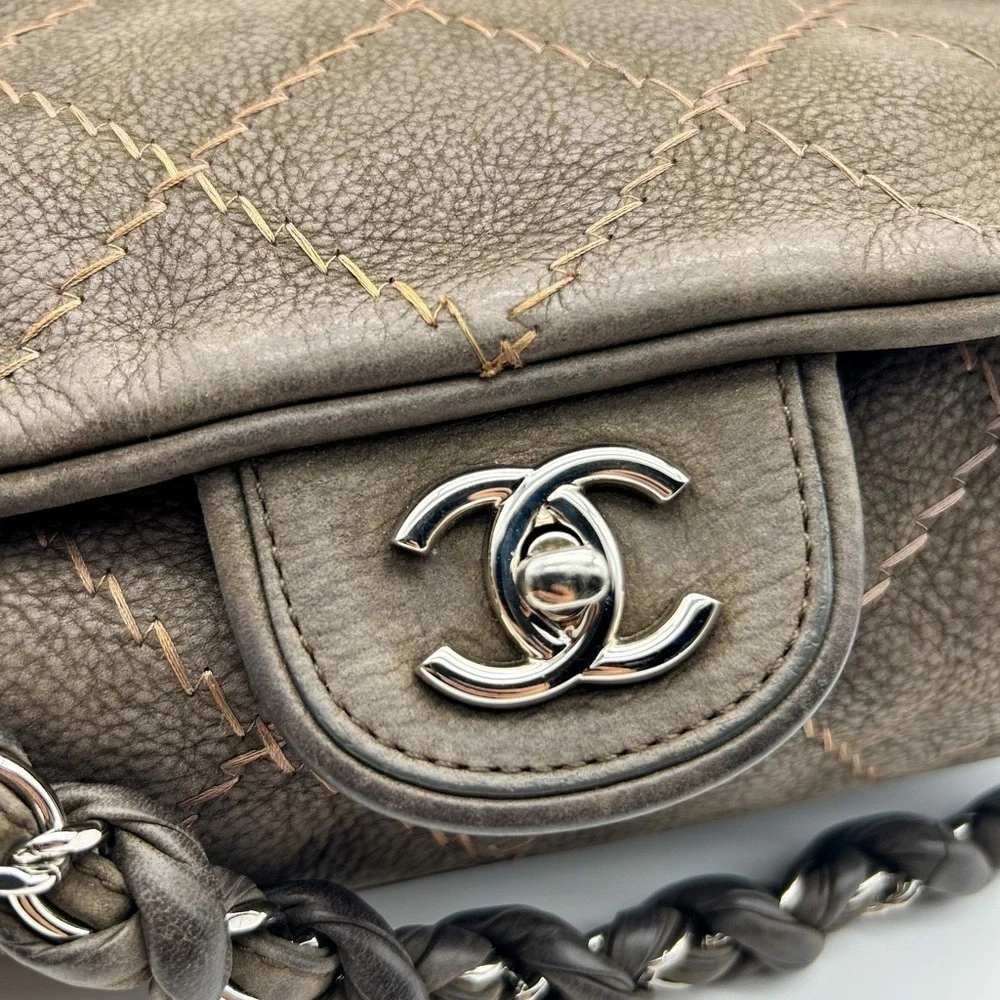 Chanel wild whipstitch flap bag grey suede silver hardware with card